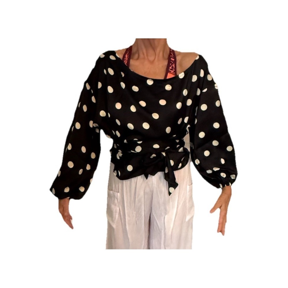 Women Polkadot Wrap Blouse Pleat 4Off Shoulder Large long Ties For Bow Slimming